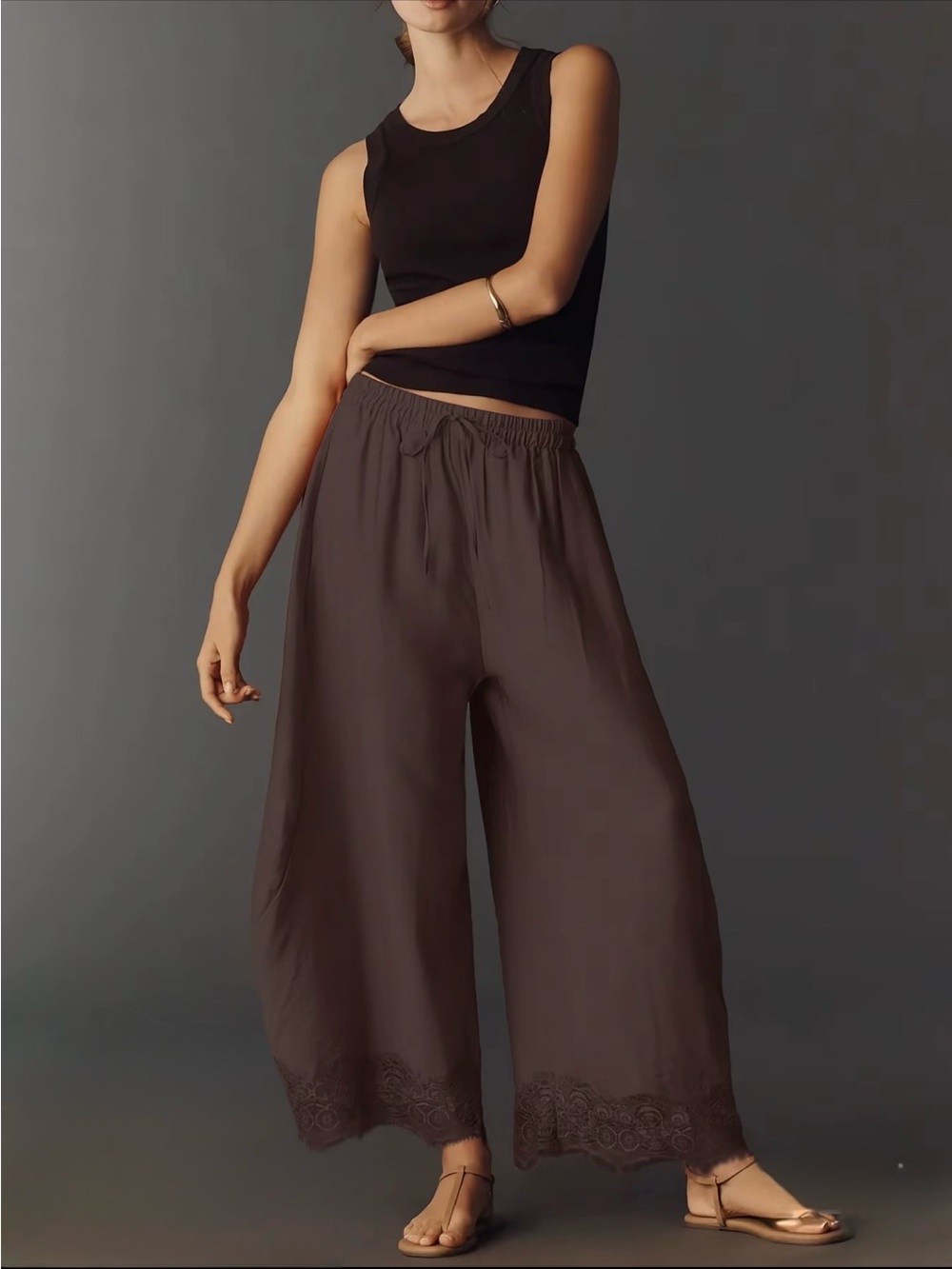 Wide-Leg Lace-Hem Pants. Brown. Sizes S, M & L. NWOT.